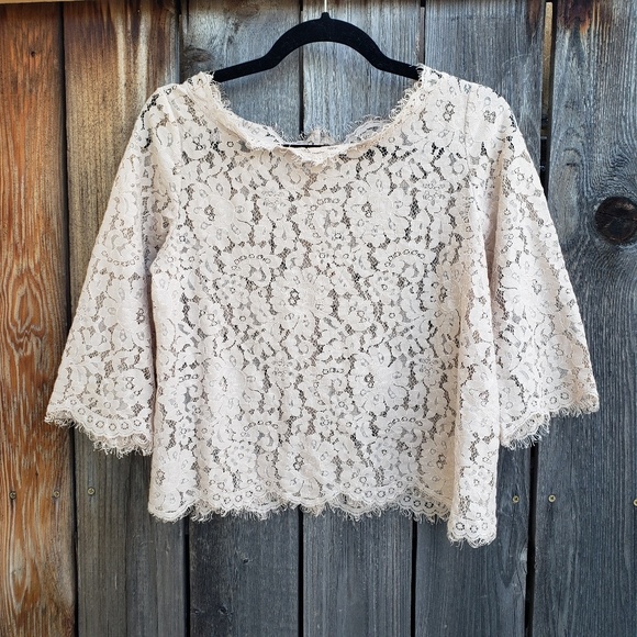 Joie Lace Tan Cropped Button Back 3/4 Sleeve Top - Picture 2 of 8